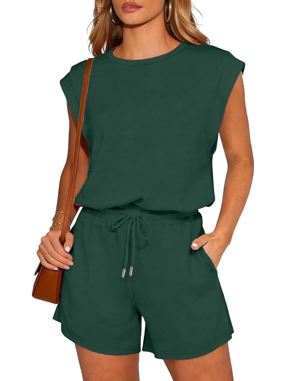 Womens Dark Green Summer Cap Sleeve Adjustable Drawstring Imported Petite Romper